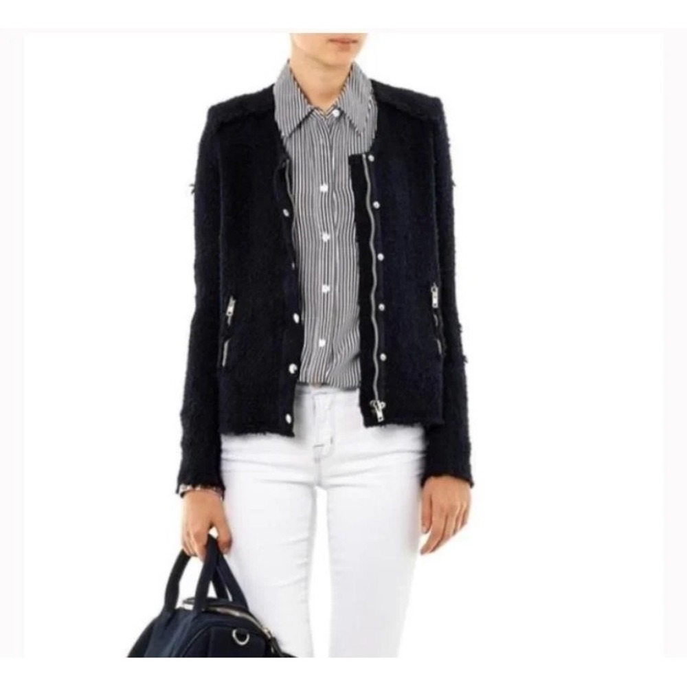 IRO Aggy Jacket Womens 38 Navy Blue Textured Zip Pocket Button Front Tweed Style - Picture 2 of 13